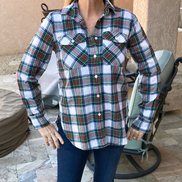 J. Crew Tops - J Crew plaid Holiday 2018 Button down blue green 2